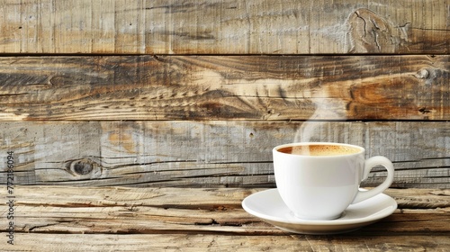 One coffee cup steaming on rustic wood, Aromatic espresso in a classic white cup with saucer on a weathered wooden table, with space for text, conveying a warm, inviting coffee break atmosphere.
