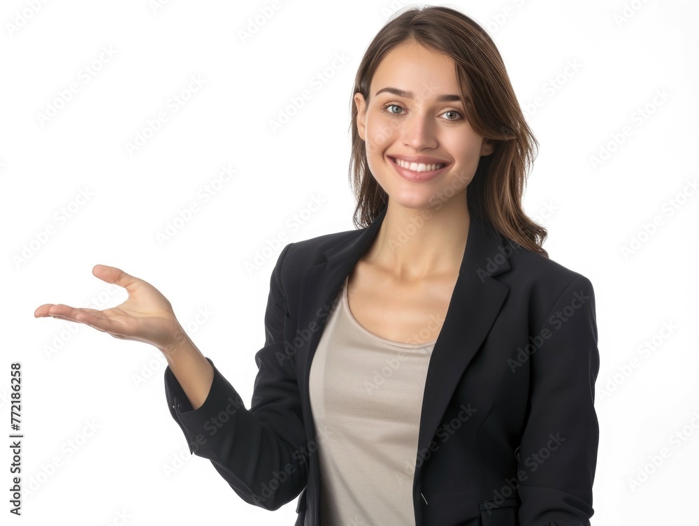 A woman in a business suit is smiling and holding her hand up, as if to point something out A woman in a business suit is smiling and holding her hand up, as if to point something out