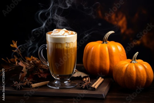 Warming Pumpkin drink coffee. Spice latte hot. Generate Ai