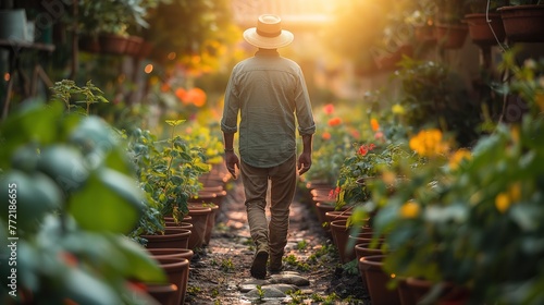 gardener walking in flowers garden, home backyard springtime flower bed gardening concept, tranquil sustainable, generative Ai