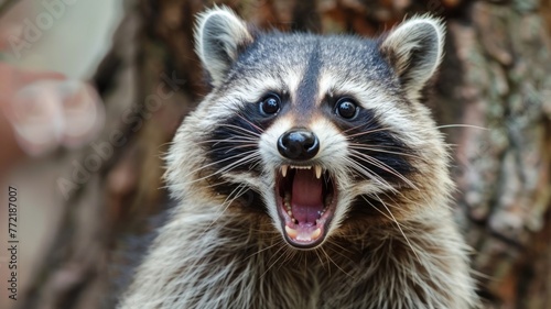Mischievous Raccoon Peering Curiously from Tree Bark in Forest Wildlife Habitat