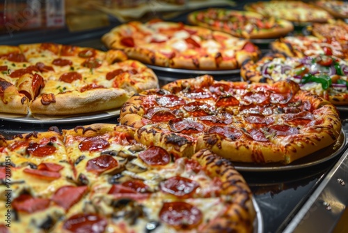 Mouth-Watering Variety of Freshly Baked and Delicious Pizza Pies on Display at a Pizzeria or Restaurant