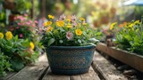 flower pot against sunlight, home backyard springtime flower bed gardening concept, tranquil sustainable, generative Ai