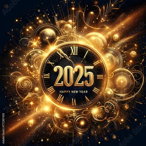 2025New Year Clock And Golden Fireworks - Countdown To Midnight  Abstract image ai generated happy new year 2025
 photo