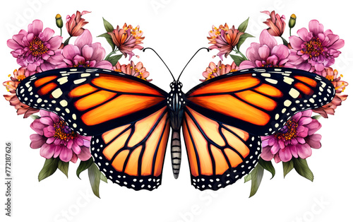 A vibrant butterfly gracefully displays intricate pink flowers on its delicate wings