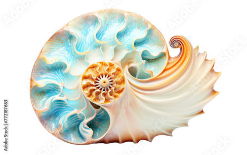 Close up of delicate sea shell resting on a pristine white background