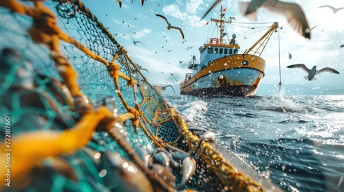 A fishing schooner with a group of industrial fishermen using large nets to search for a school of fish in the open sea, illustrating the process of catching fish for commercial purposes. photo