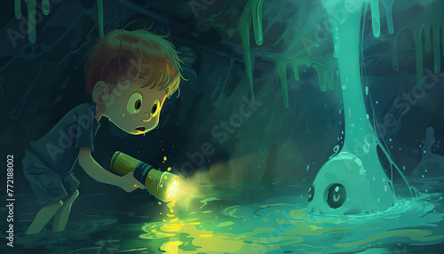kid lost in the sewer finding a way out with a flashlight. creepy ooze