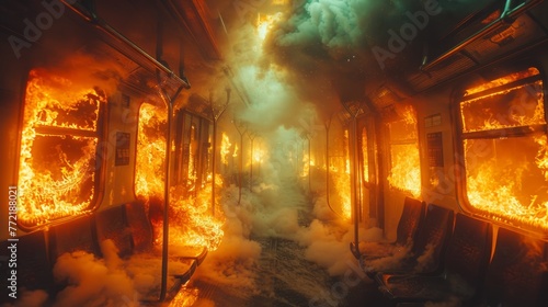 A devastating fire engulfs a passenger train in a tragic subway car disaster. Smoke and flames billow from the train as emergency responders rush to the scene photo
