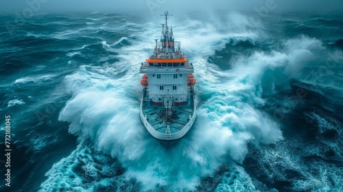 Delve into the sight of a diminutive vessel trapped in a fierce ocean storm. Impeded by tumultuous waves and gusty winds in choppy waters. photo