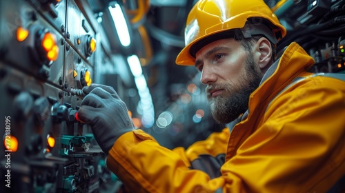 Engaged in troubleshooting industrial electrical equipment, an electrician meticulously inspects the electrical panel for defects to maintain operational efficiency.