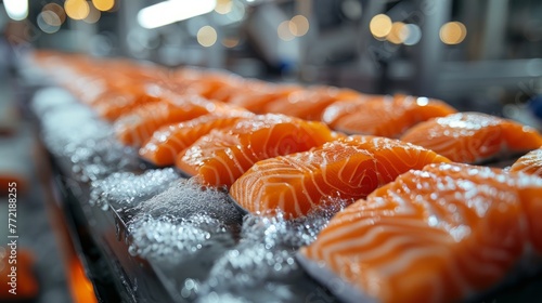 Close-up of a fresh salmon fillet on a conveyor belt in a fish processing plant. The conveyor belt is moving the fillet along the processing line. Industrial food production concept photo