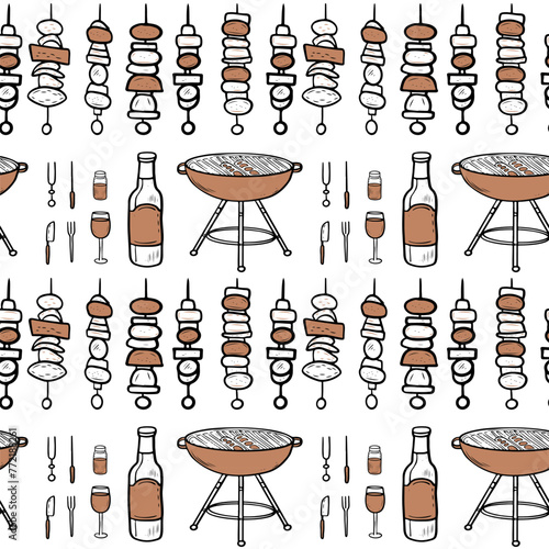 Векторные иконки барбекю, дров, шашлыка, приборов, бесшовный шаблон или фон
