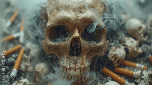 Showcase of a human skull surrounded by cigarette butts, vividly portraying the health risks associated with smoking and its detrimental effects.