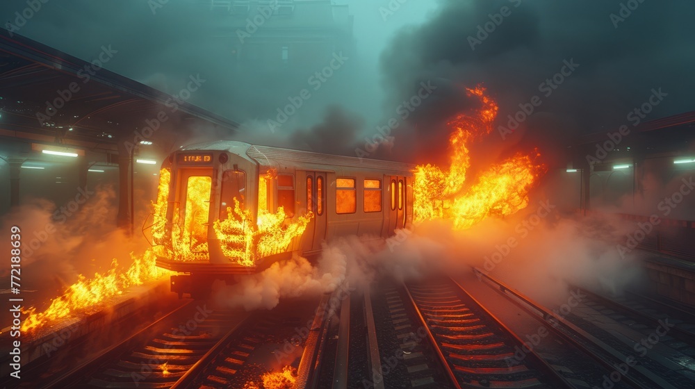 Fototapeta premium A passenger train disaster unfolds as smoke and flames engulf a subway car, resulting in a devastating fire tragedy.