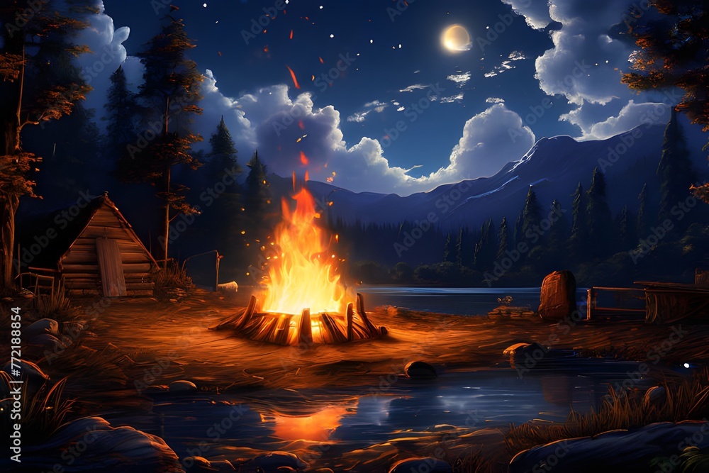 a beautiful view with a bonfire. Generative ai.