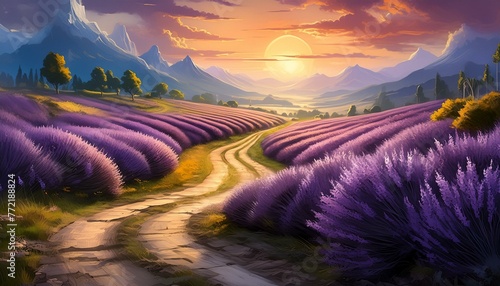 A old road passing through lavender fields on either sides, morning light, golden hour Ai Generated