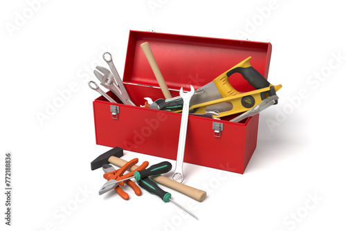 Red toolbox with tools inside and out photo