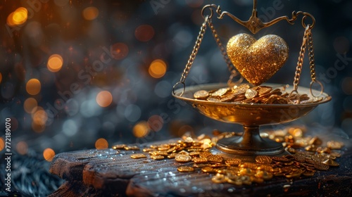 A vintage-styled arrangement of gleaming gold coins and a heart delicately resting on a scale  representing the symbolism of value and the significance of precious items in a retro-style setting.