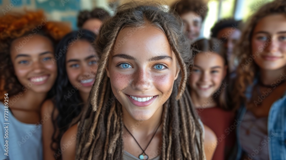 Multicultural group of eight young women standing side by side, smiling and looking at the camera