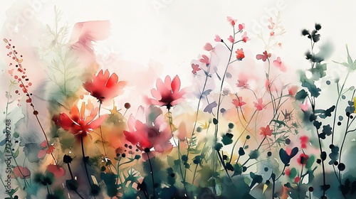 watercolor style illustration of cosmos flower bouquet blossom background wallpaper, color splash and wet in wet technique texture, Generative Ai © QuietWord