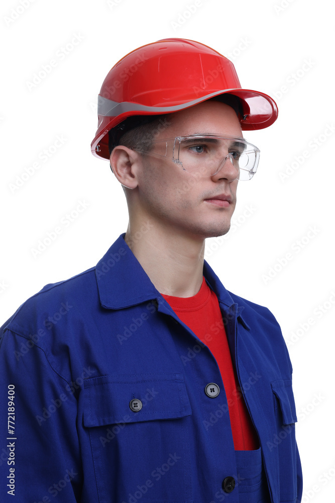Young man wearing safety equipment on white background Young man wearing safety equipment on white background