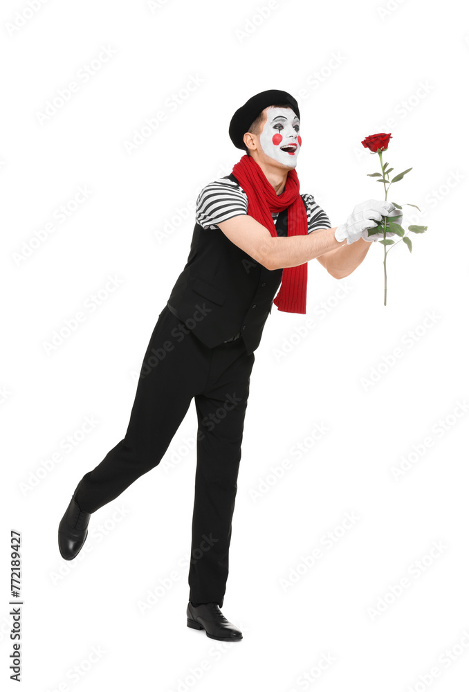 Funny mime artist with red rose posing on white background Funny mime artist with red rose posing on white background
