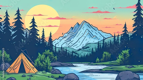 summer camping mountain scene streaming background, thick line art