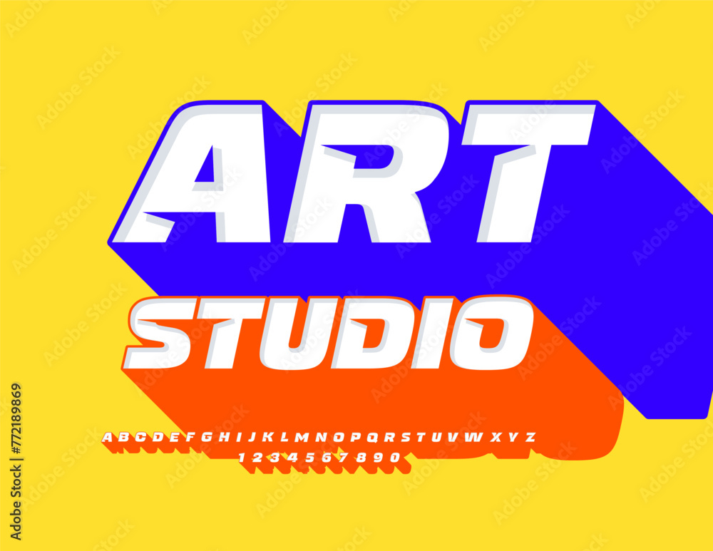 Vector colorful banner Art Studio. Cool Font with Big Orange Shadow. Unique Bright  Alphabet Letters and Numbers.