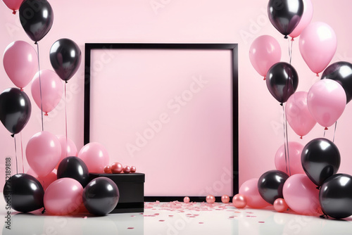 Mock up poster in interior background with pink and black balloons
