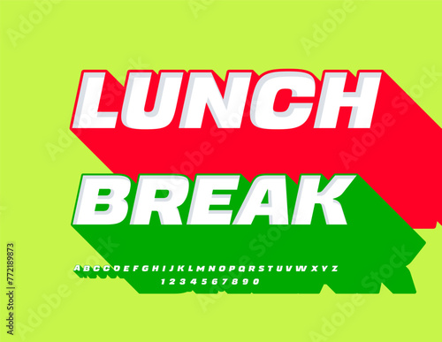 Vector bright poster Lunch Break. Creative 3D Font with Big Green Food. Modern Alphabet Letters and Numbers set.