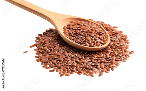 A wooden spoon filled with flax seeds, symbolizing natural and healthy eating choices