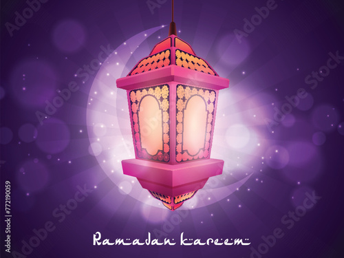 Hanging illuminated arabic lamp with crescent moon on shiny purple background for holy month of muslim community, Ramadan Kareem celebration.