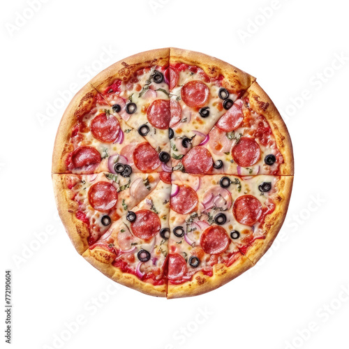 Pizza with pepperoni, olives, ham, and cheese on transparent background