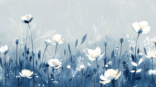 meadow with flowers blue color scheme,  Luxury minimal style wallpaper with blue watercolor flower blue and white watercolor flower art. 