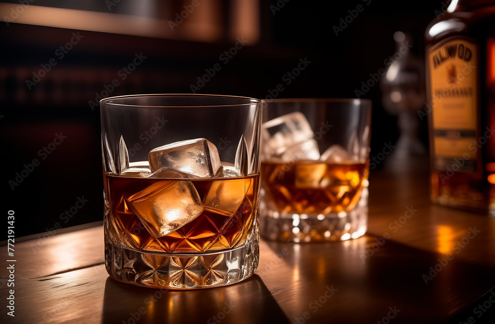 Two whiskey drinks on the wood counter in the bar