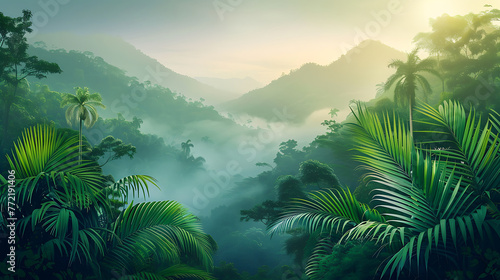 Lush green tropical rainforest landscape with misty mountains at dawn  cut out. Generative Ai