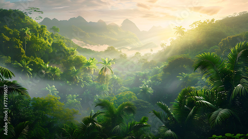Lush green tropical rainforest landscape with misty mountains at dawn  cut out. Generative Ai