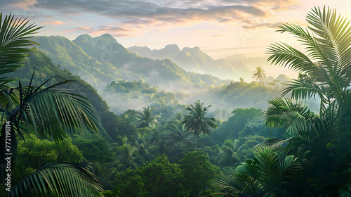 Lush green tropical rainforest landscape with misty mountains at dawn, cut out. Generative Ai
