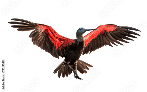 A magnificent red and black bird displays its stunning plumage with wings gracefully spread © FMSTUDIO