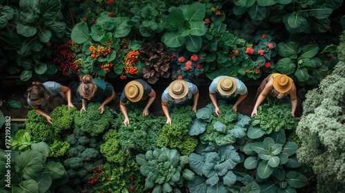happy quality time friends and family, people in community helping each other gardening at green vegetable farm,  top view men and women harvesting fresh farm produce, Generative Ai © QuietWord
