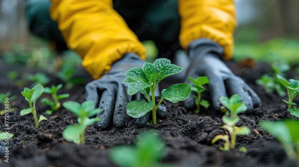 gardener's hand growing vegetables in plantation, home springtime gardening, Generative Ai gardener's hand growing vegetables in plantation, home springtime gardening, Generative Ai