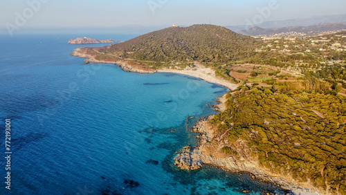 Drone view of famous Ghjunchitu beach in Northern Corse island, France
