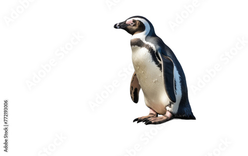 A penguin gracefully balances on its hind legs against a stark white backdrop