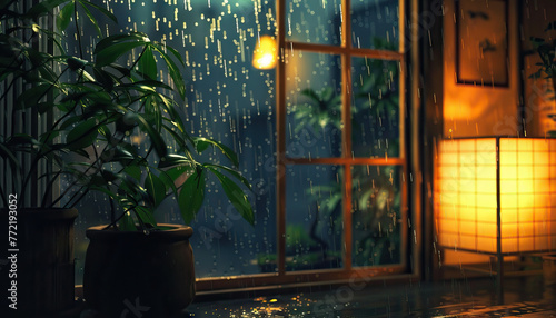 The sound of rain tapping against the window created a cozy atmosphere indoors. japan 