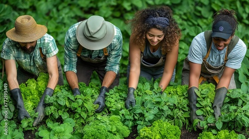 happy quality time friends and family, people in community helping each other gardening at green vegetable farm, top view men and women showing their pot herb, Generative Ai photo