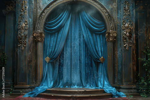 Victorian curtain backdrop, blue and teal velvet drapes, ornate archway backdrop. Created with Ai