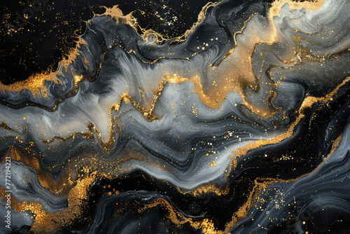 A closeup of an abstract marble pattern with swirling patterns in black, white and gold. Created with Ai