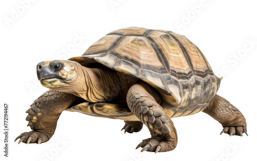A majestic, large turtle gracefully walking on a pristine white background