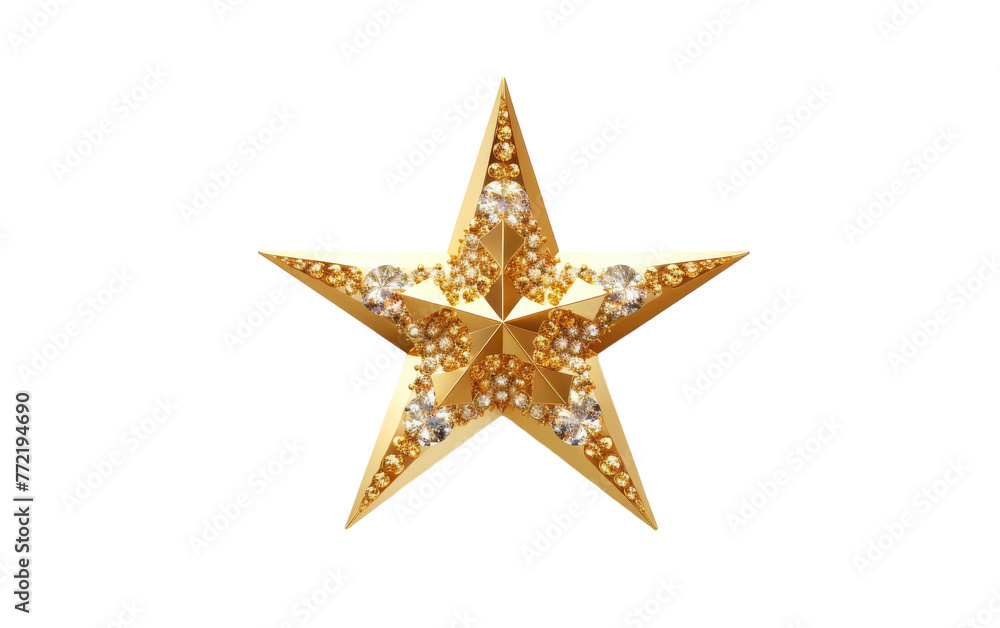 A luxurious gold and diamond star ornament shines brightly on a pristine white background A luxurious gold and diamond star ornament shines brightly on a pristine white background